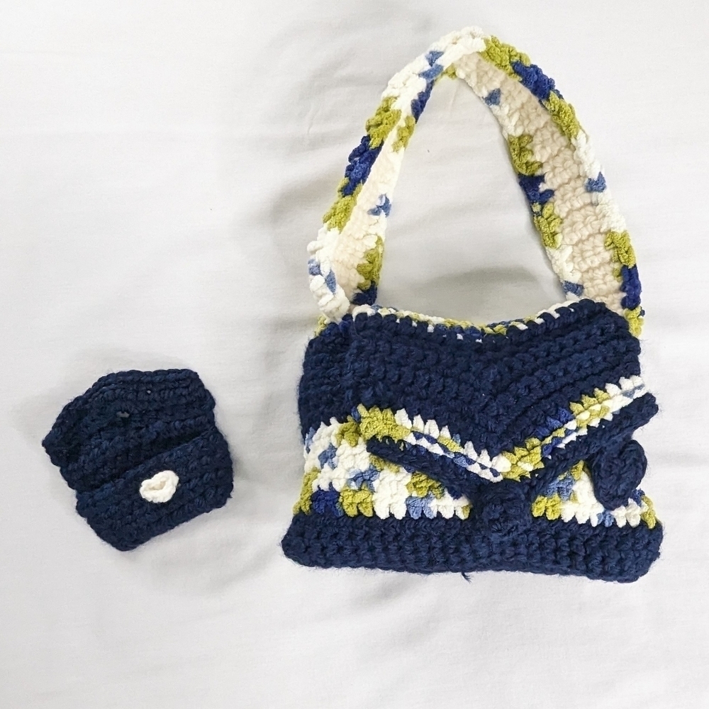 Handmade Crochet Blue White Green Shoulder Bag and Matching Wallet